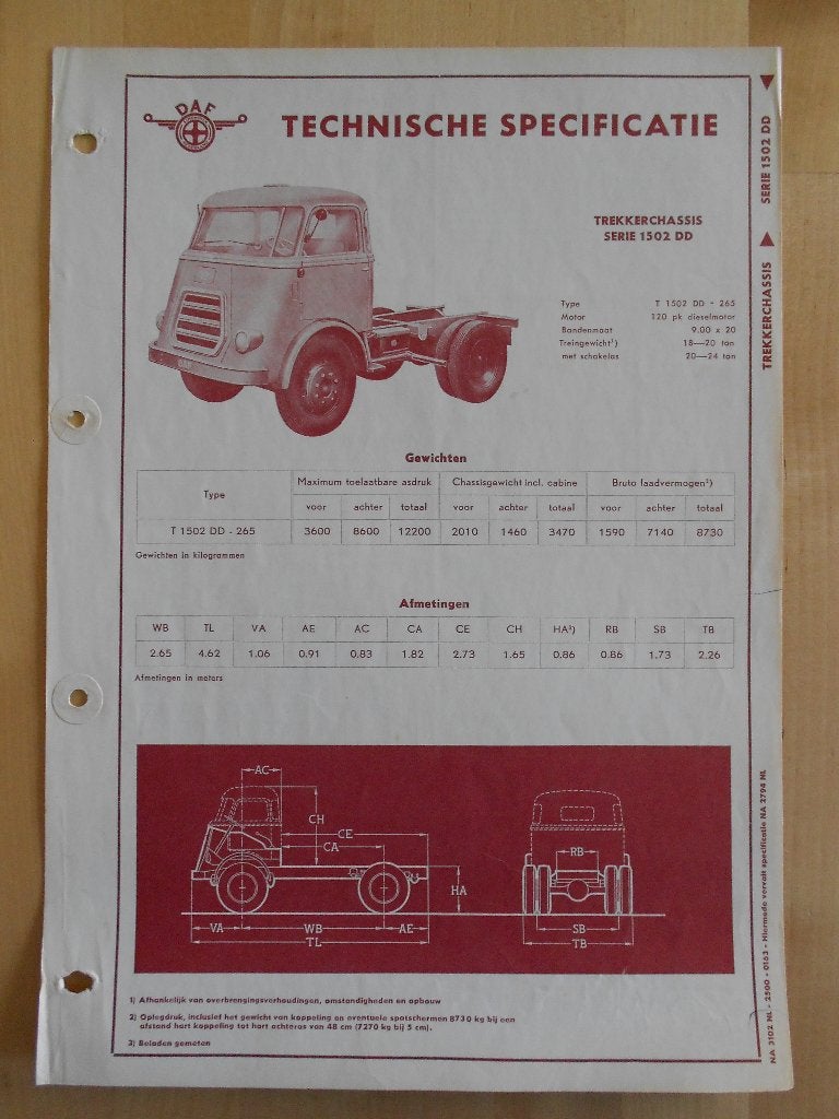 DAF 1500 DD Technische Specificatie folder 1963 Kikker 1500D, Ophalen of Verzenden, Zo goed als nieuw, Overige merken, DAF