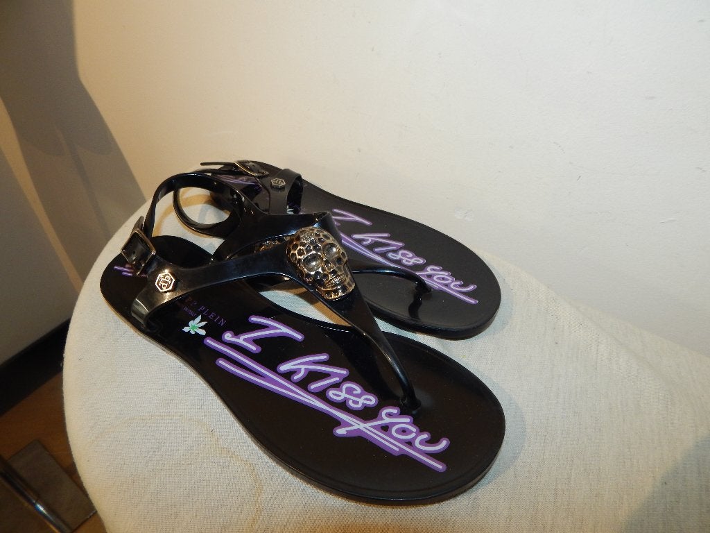 Philipp Plein kunststof sandalen schedel met merk en stenen, Verzenden, Zwart, Sandalen of Muiltjes, Zo goed als nieuw
