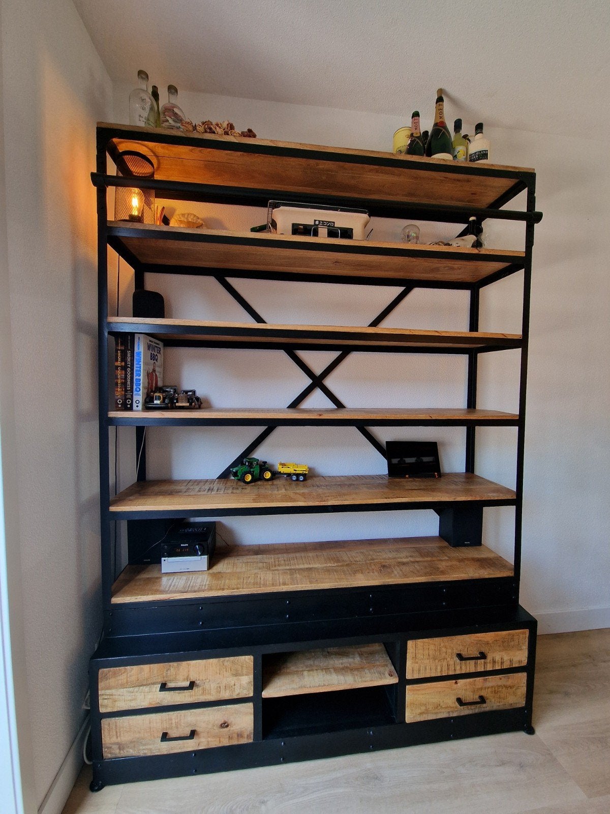Prachtige industriële boekenkast met ladder, Ophalen, Met plank(en), 200 cm of meer, 150 tot 200 cm
