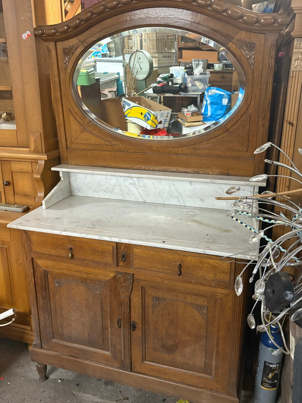 Antieke Eiken kaptafel met Marmeren Blad en Spiegel, Ophalen