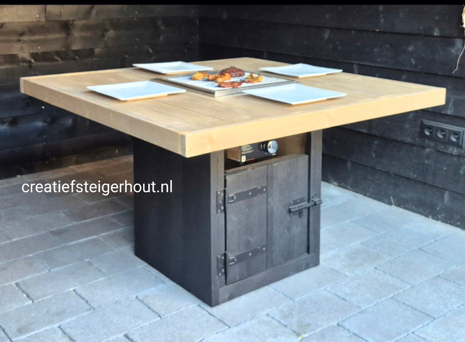 Barbecuetafel hout kolompoot gasbarbecue ingebouwd in tafel, Ophalen of Verzenden, Nieuw