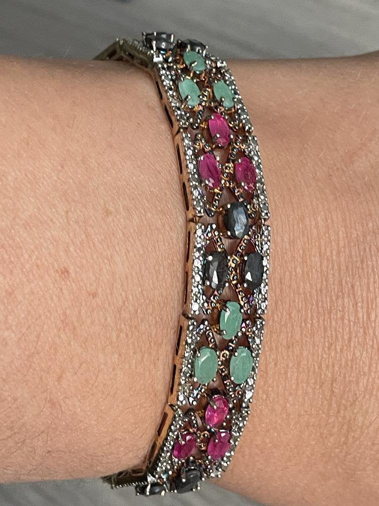 Stevige zilveren bangle armband met robijn, smaragd saffier, Ophalen of Verzenden, Zo goed als nieuw, Nvt, Nvt
