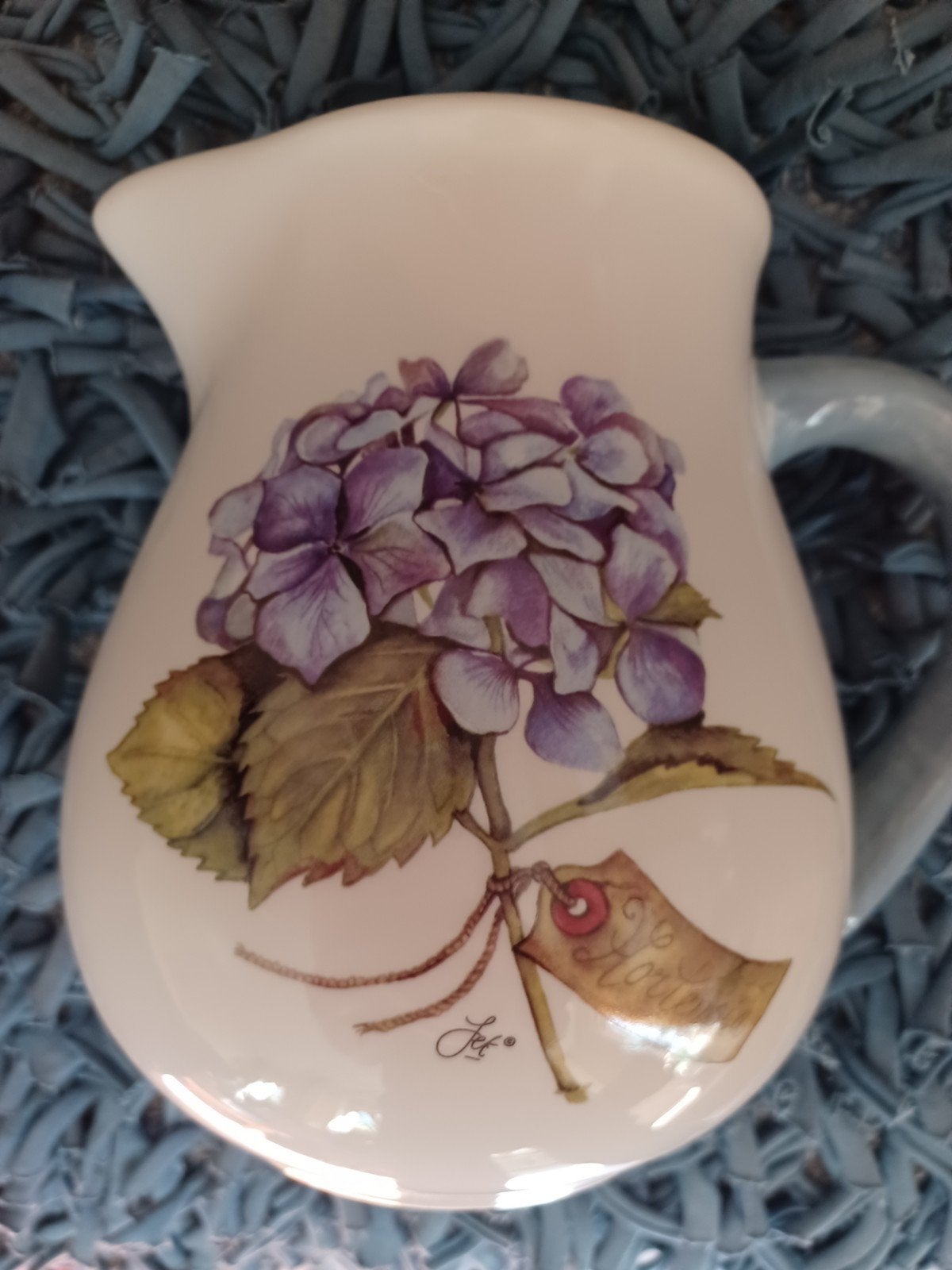 Mooie vaas kan met hortensia by Jet, Huis en Inrichting, Ophalen of Verzenden, Zo goed als nieuw, Met patroon/structuur, Meerkleurig