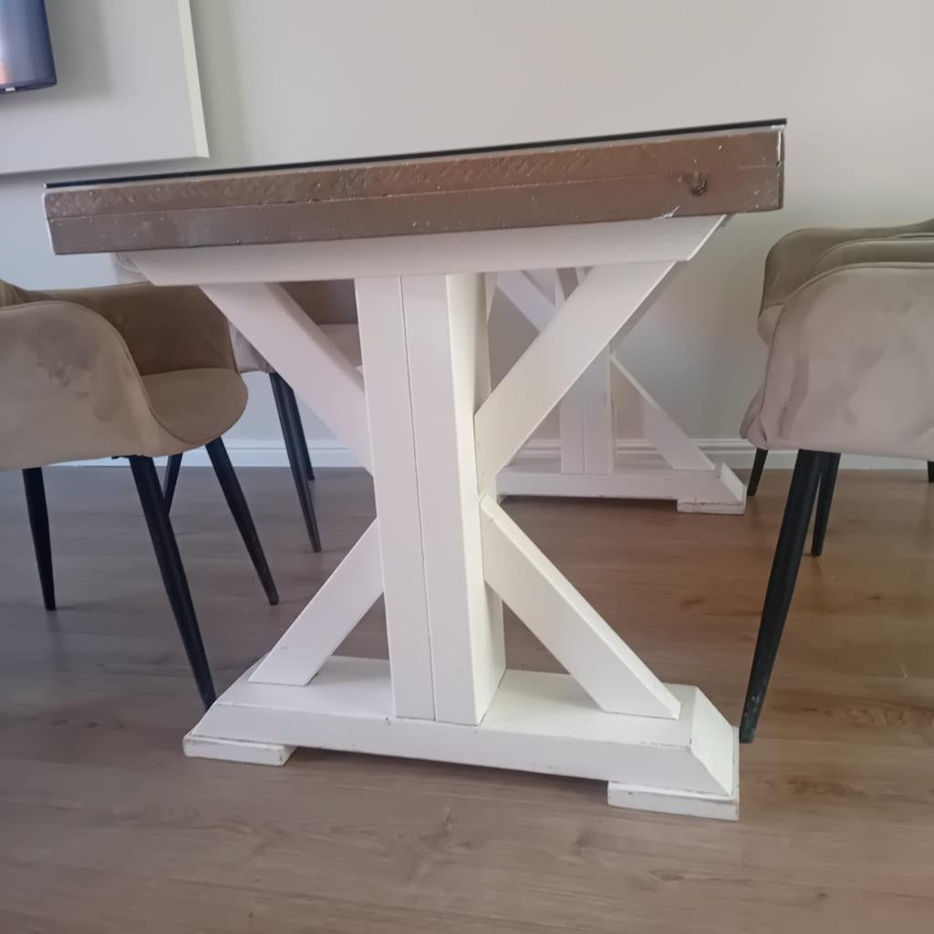 Op Maat Gemaakte Eet- en Salontafel - Gestoomd Noten & Glas, Ophalen, 100 tot 150 cm, 50 tot 100 cm, Zo goed als nieuw