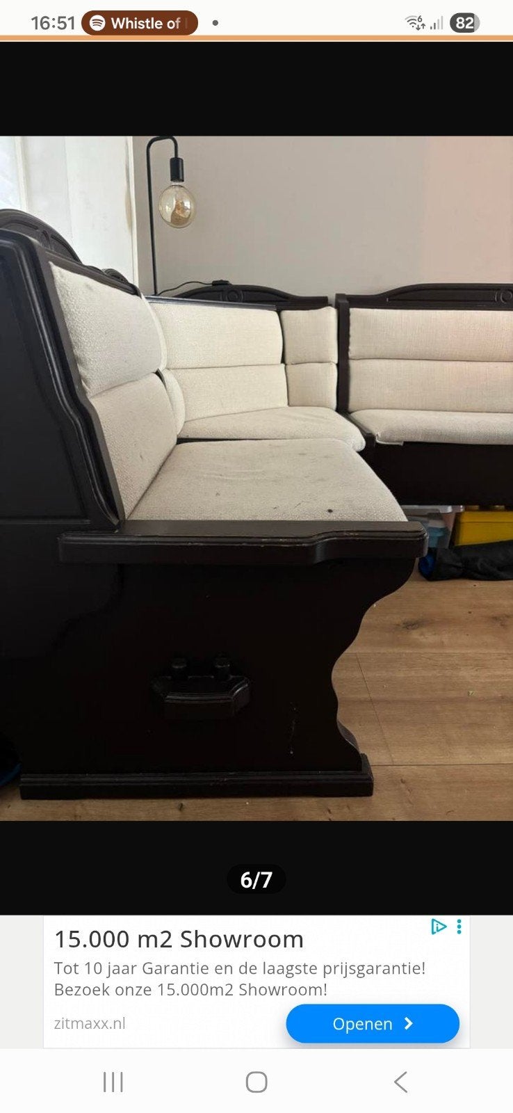 Vintage houten hoekbank/ kerkbank met stoffen bekleding, Ophalen, 250 tot 300 cm, Gebruikt, Hoekbank
