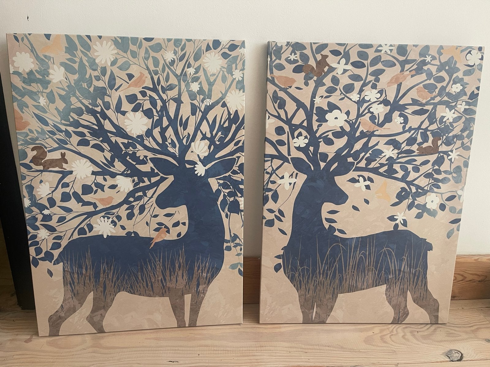 Set van 2 Canvas Schilderijen: Herten met Bloemen en Dieren, Ophalen, Dieren, Print, Abstract
