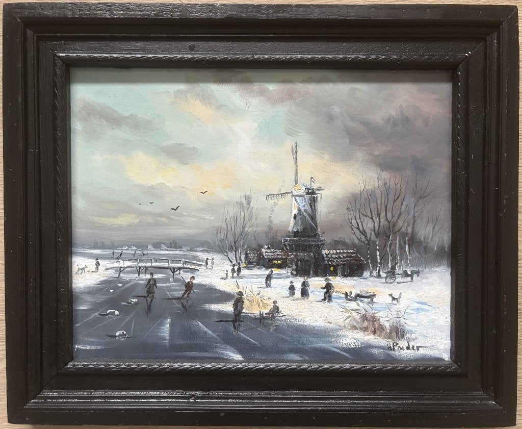 Henk Poeder (1964) - Hollands winterlandschap, Antiek en Kunst, Kunst | Schilderijen | Klassiek, Paneel, Ophalen of Verzenden