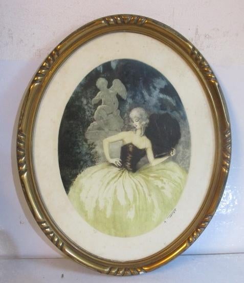 art nouveau litho dame met waaier bij putti A. Ferat, Ophalen