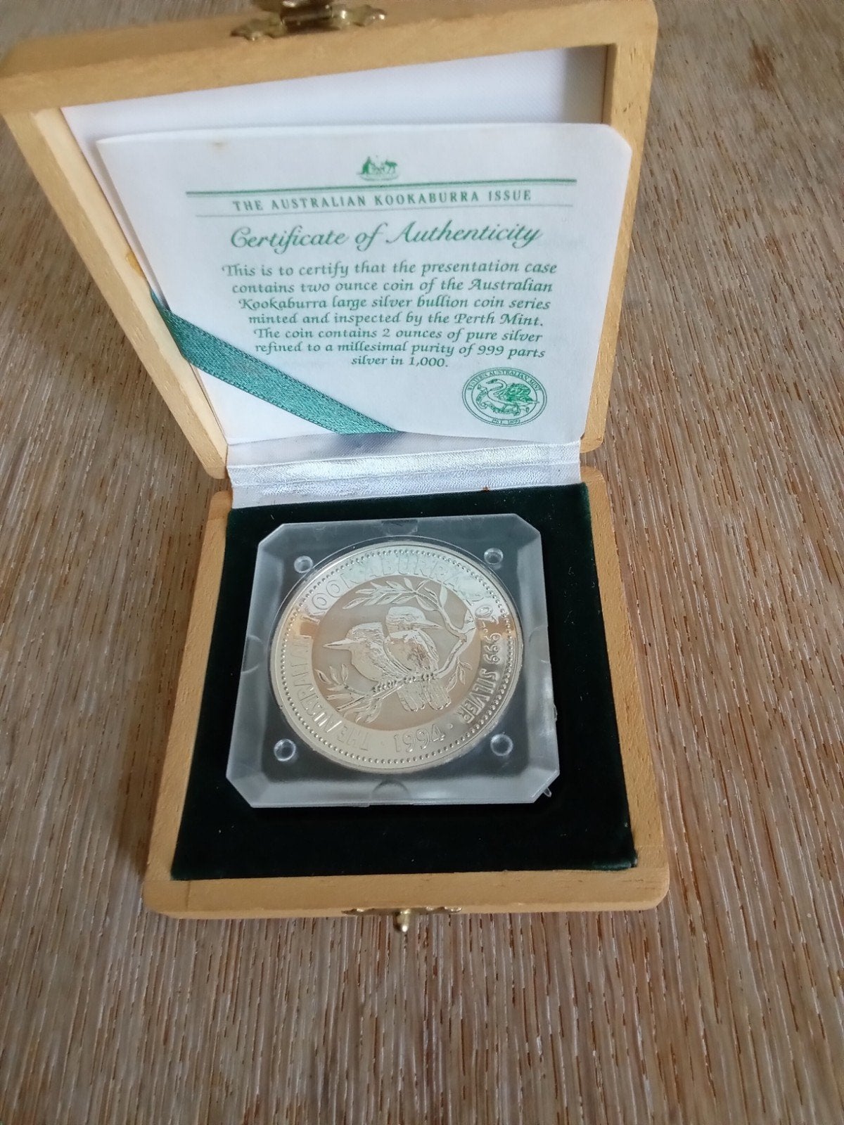 2 Oz 999,9 zilver Kookaburra 1994 / cassette met certificaat, Postzegels en Munten, Verzenden, Setje, Zilver