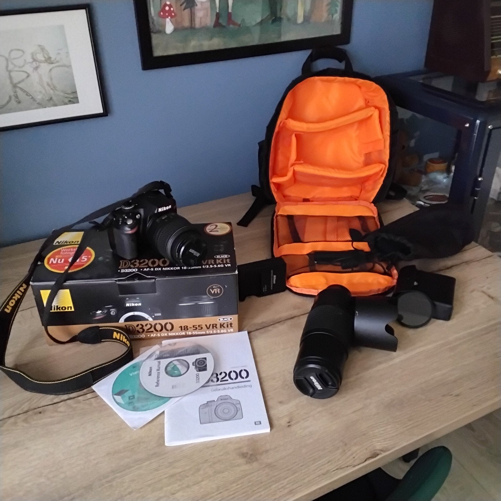 Nikon D3200 spiegelreflexcamera met 2 lenzen en accessoires, Audio, Tv en Foto, Ophalen, Zoom, Nikon, Telelens