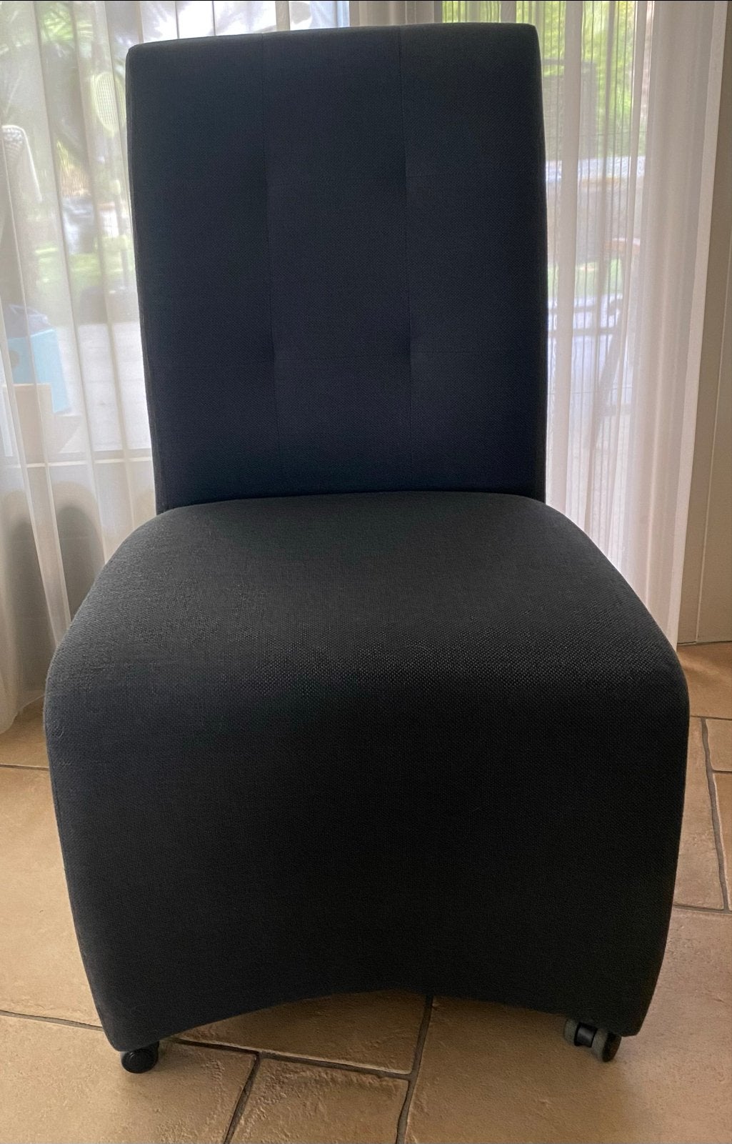 6 Donkergrijze eetkamerstoelen met wieltjes, Ophalen, Gebruikt, Vijf, Zes of meer stoelen, Stof