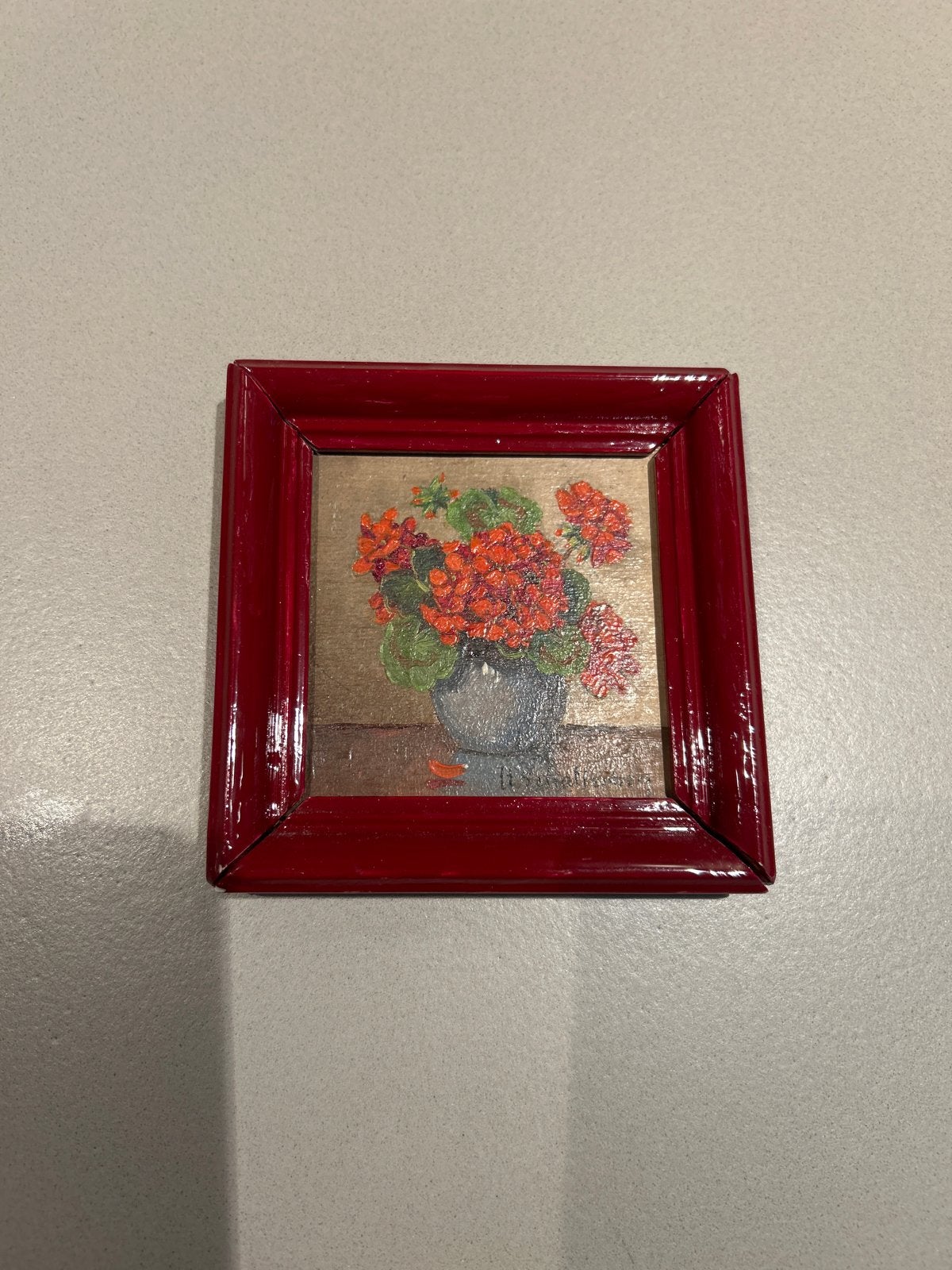 Schilderij 10x10cm - Bloemen in vaas - Gesigneerd, Bloemen, Paneel, Realistisch, Ophalen of Verzenden