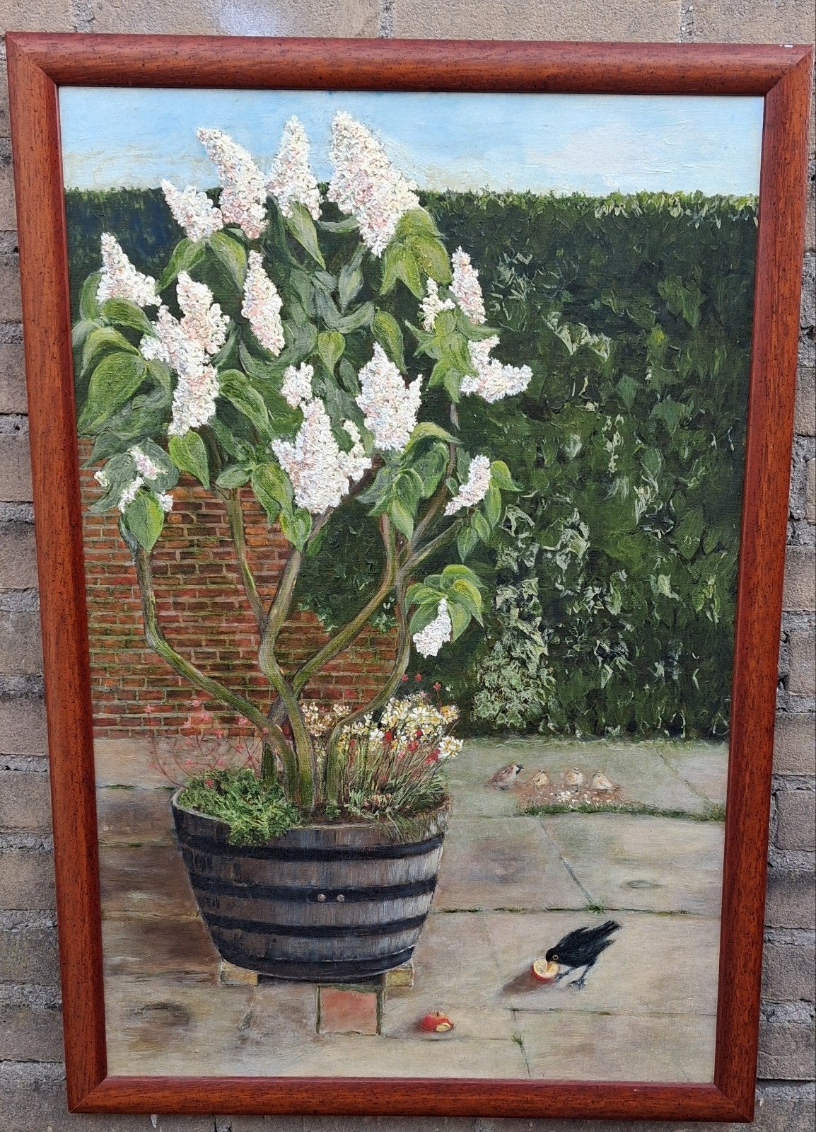 Vogels in de tuin. Olie/paneel.  56/82 cm., Ophalen, Ingelijst, Hout, Dieren
