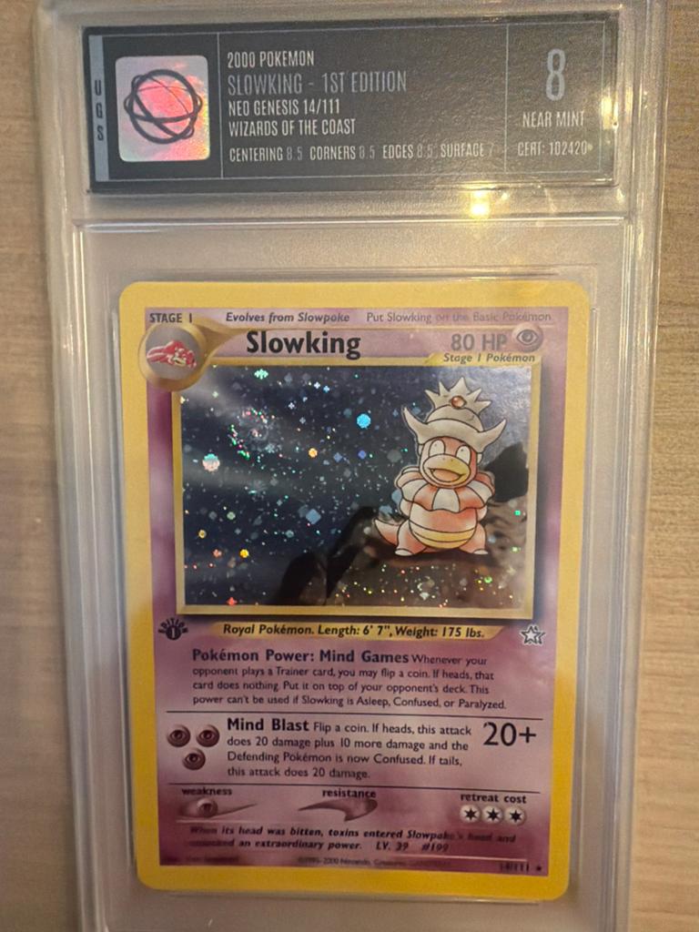 Pokémon Slowking 1st Edition Neo Genesis UGS 8 Near Mint, Ophalen, Zo goed als nieuw, Losse kaart, Foil