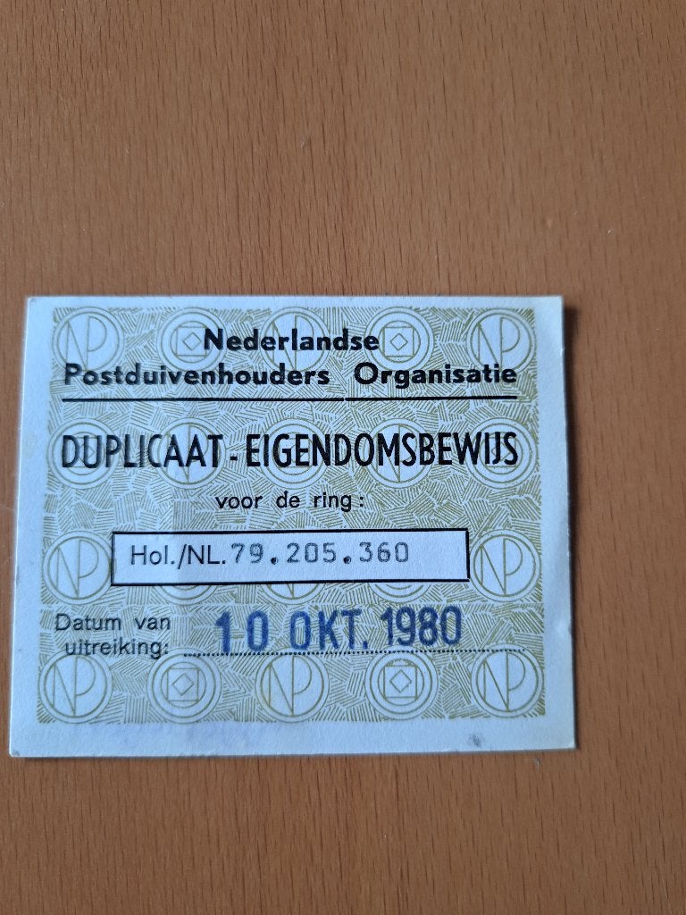 duplicaat eigendomsbewijs 1979 postduif, Ophalen of Verzenden, Opgezet dier