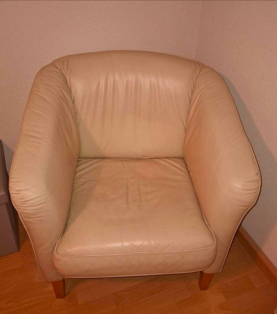 Creme kleurige leren fauteuil, Ophalen of Verzenden, Gebruikt, 75 tot 100 cm, 50 tot 75 cm