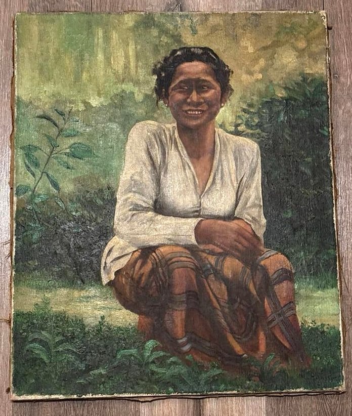 Vintage Olieverf Schilderij: Lachende Vrouw (1942), Antiek en Kunst, Kunst | Schilderijen | Klassiek, Ophalen of Verzenden