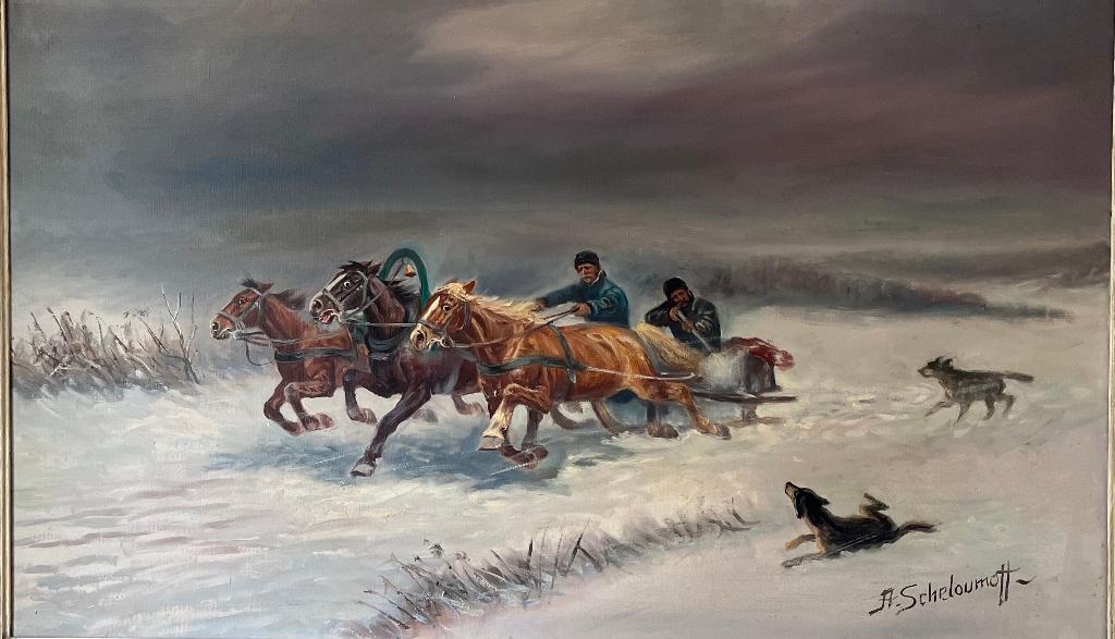 Schilderij wolven aanval van A Scheloumoff., Antiek en Kunst, Ophalen