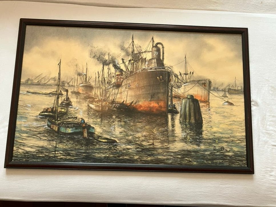 Maritiem schilderij: havengezicht met schepen, Antiek en Kunst, Maritiem / water, Realistisch, Ophalen of Verzenden, Gesigneerd