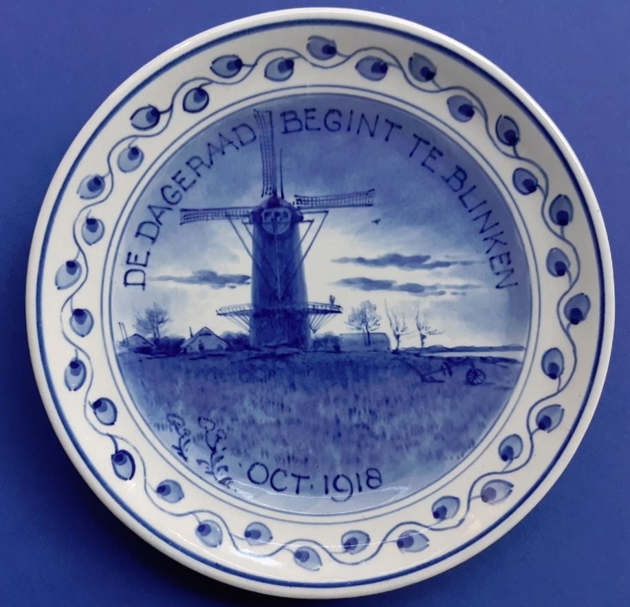 Porceleyne Fles 1918 De Dageraad 18cm (6) Blauw WO-1, Ophalen of Verzenden