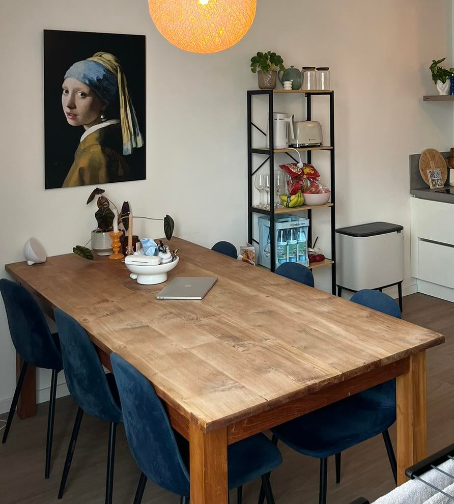Grote Houten eettafel met 2 lades en 6 stoelen - Gebruikt, Ophalen, Gebruikt, 200 cm of meer, 50 tot 100 cm