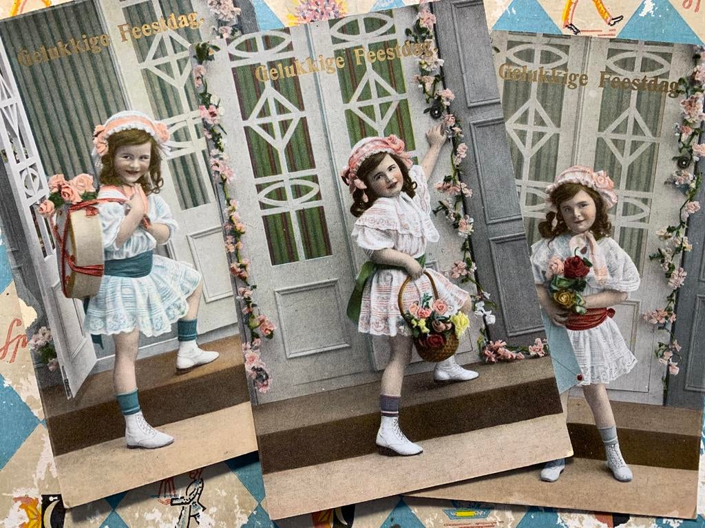 Gelukkige Feestdag - meisje met bloemen (CC), Ophalen of Verzenden, Voor 1920, Ongelopen, Kinderen