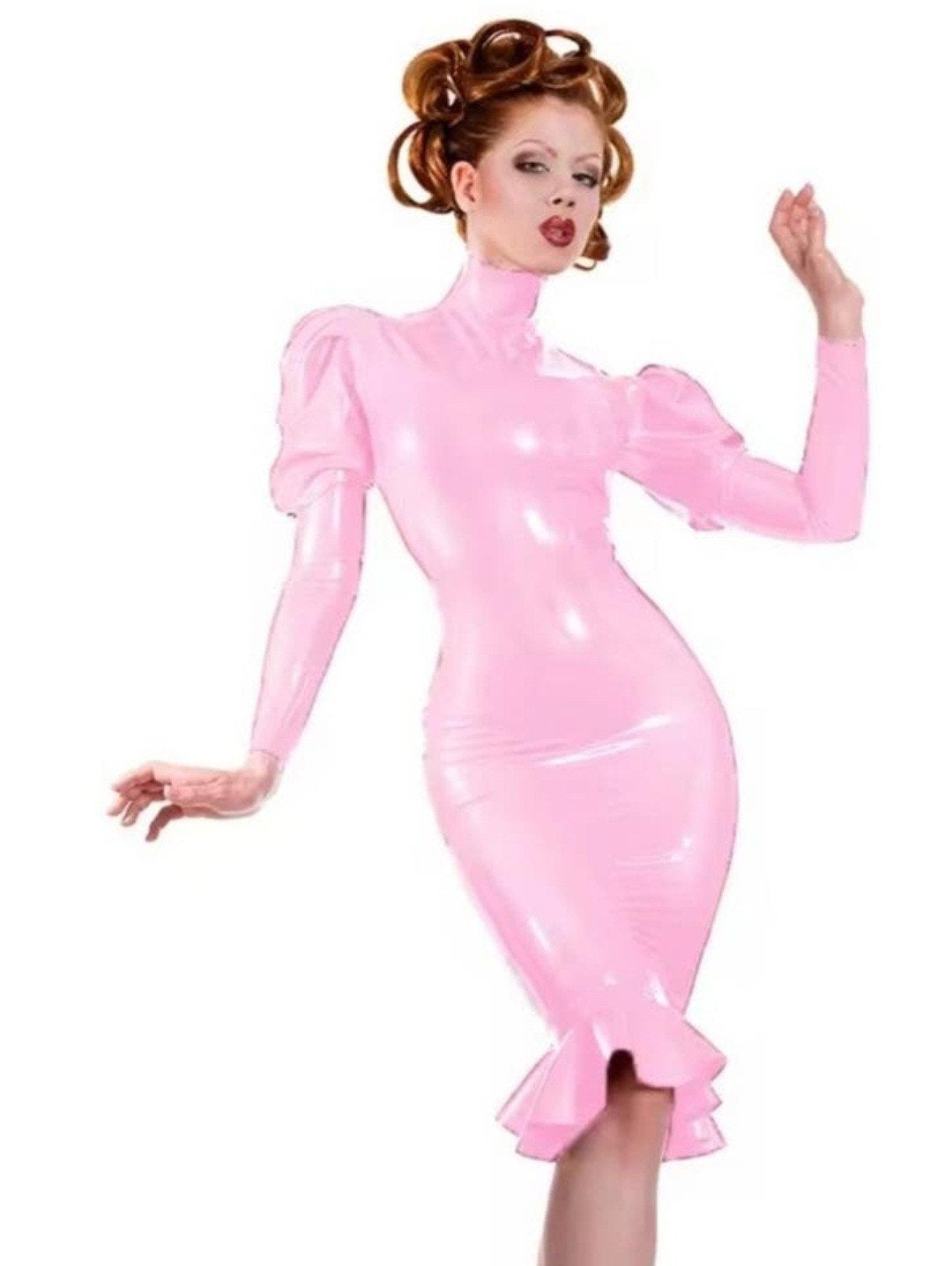 Latex jurk met mouwtjes en ruches, tm 3XL, Verzenden, Nieuw, Knielengte