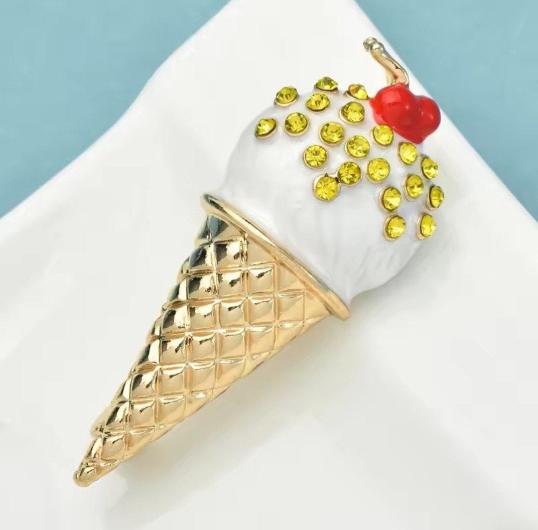 Trend! Broche strass ijsje/Kers, Overige materialen, 4 tot 7 cm, Overige kleuren, Verzenden