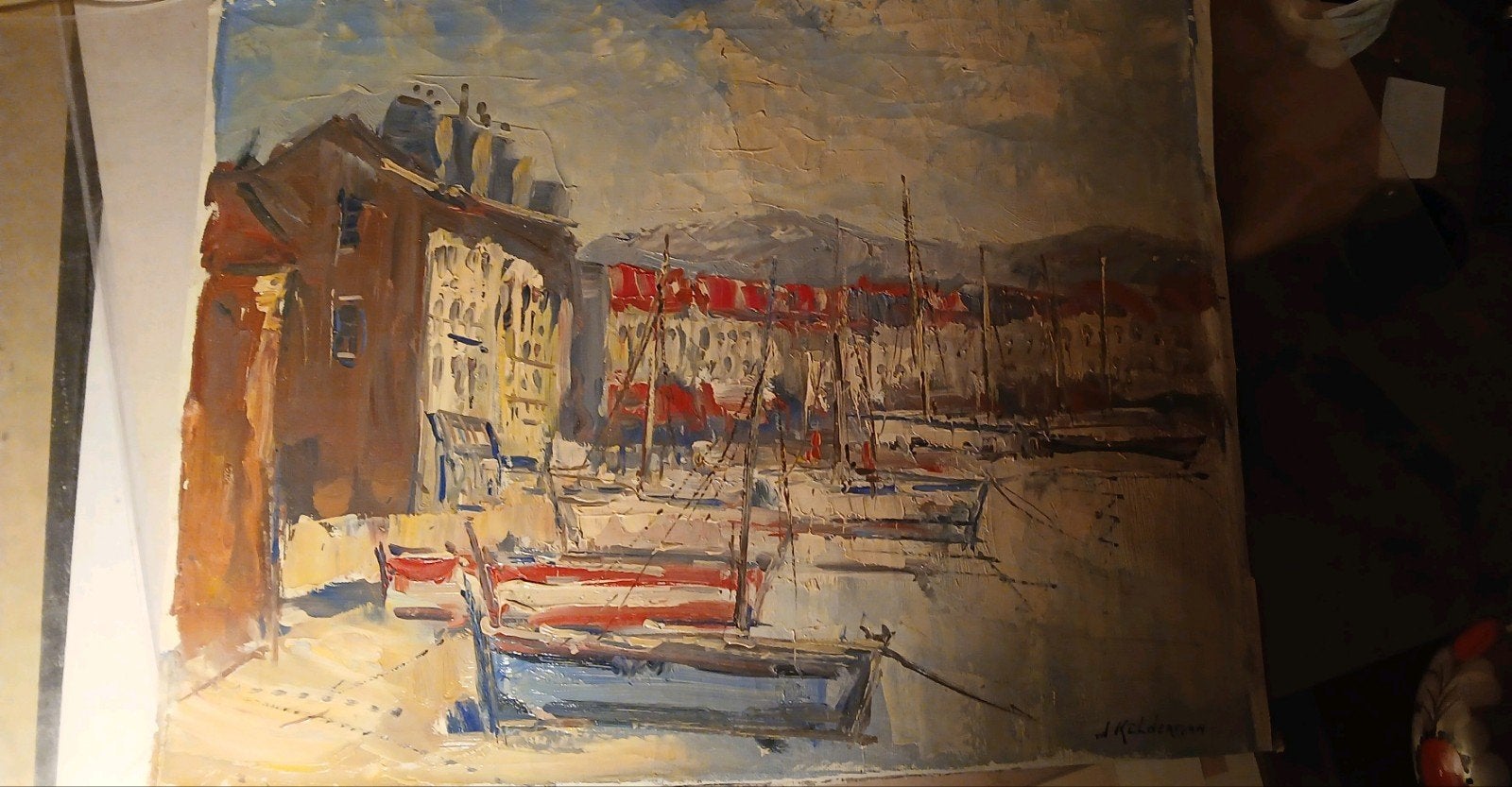 J. Kelderman - olieverfschilderij: Stadsgezicht of hav, Origineel werk, Doek, Impressionistisch, Ophalen of Verzenden