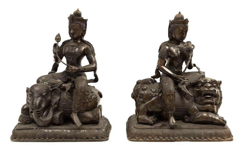 Bodhisattva zittend op een olifant en zittend op een leeuw, Handgemaakt, Ophalen of Verzenden, Bruin, 104 cm