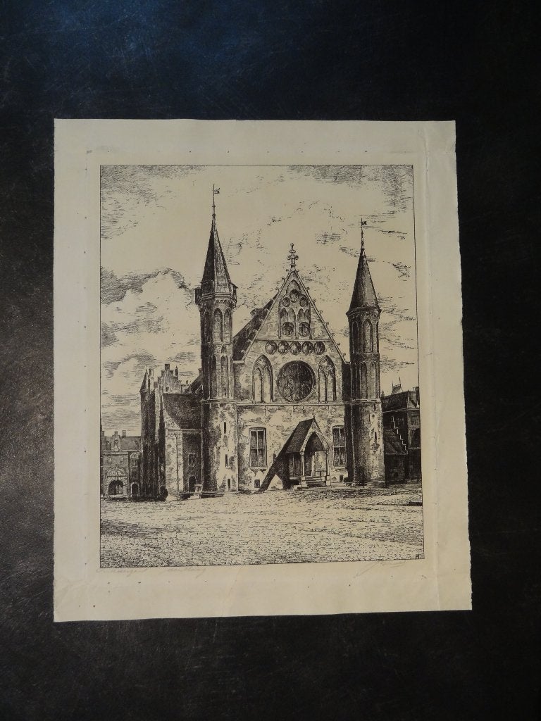 ets Ridderzaal Den Haag, monogram ET en signatuur, Antiek en Kunst, Kunst | Etsen en Gravures, Ets, Architectuur, Ophalen of Verzenden