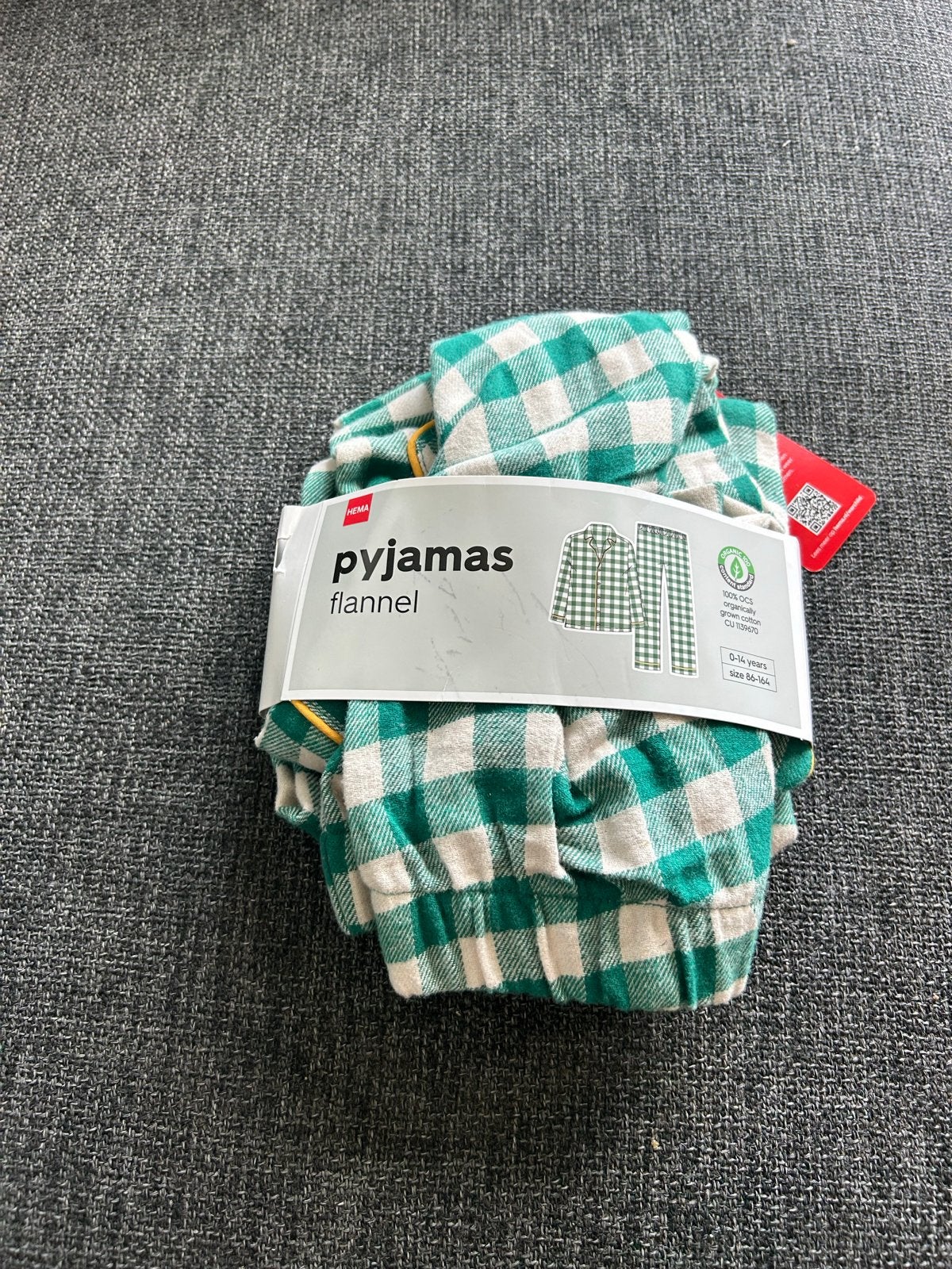 HEMA flanellen kinderpyjama - groen-wit geruit (biologisch k, Ophalen of Verzenden, Zo goed als nieuw, Jongen of Meisje