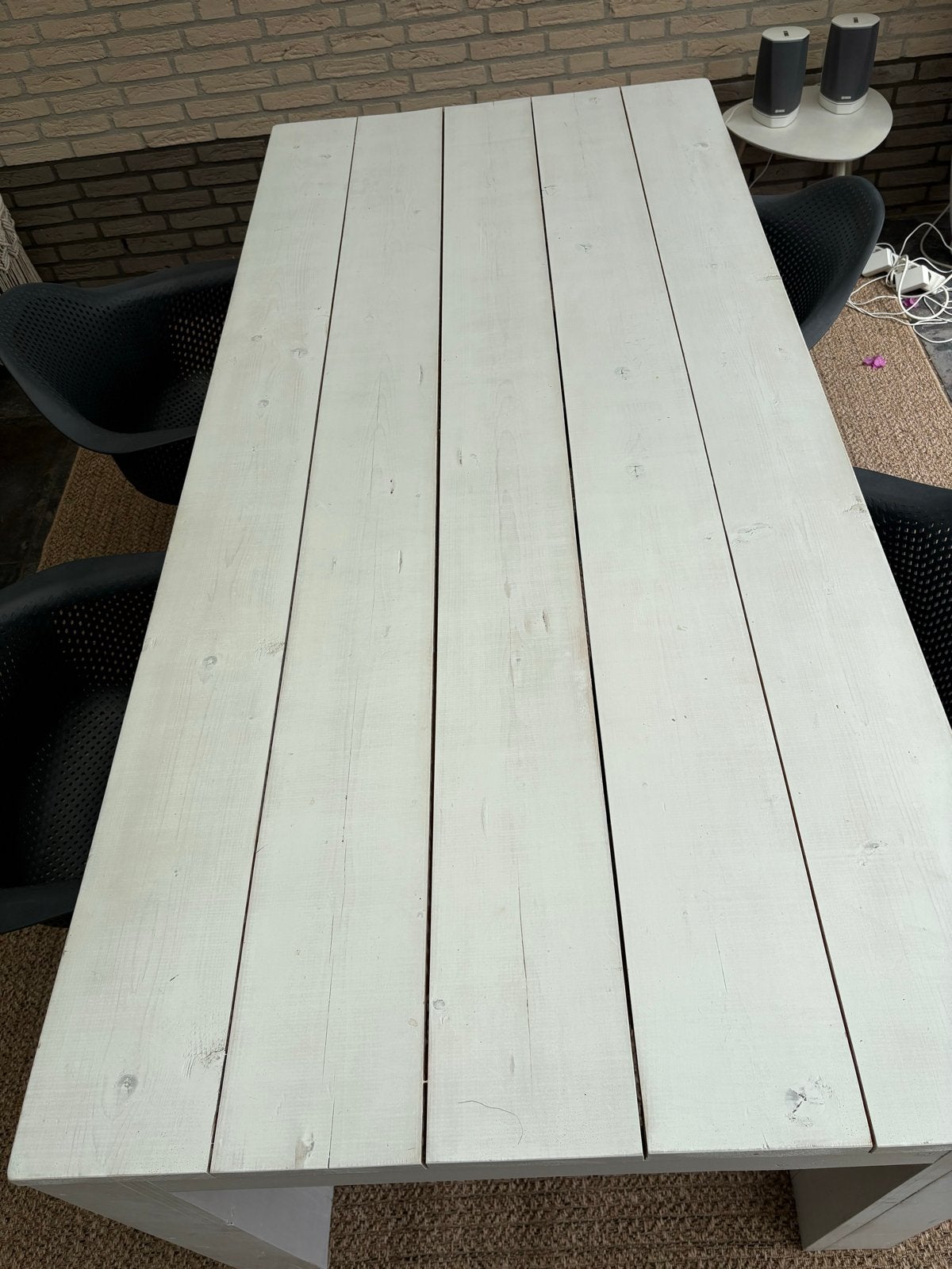 Robuuste houten eettafel - wit geverfd en 4 stoelen, Huis en Inrichting, Tafels | Eettafels, Ophalen, Gebruikt, 200 cm of meer