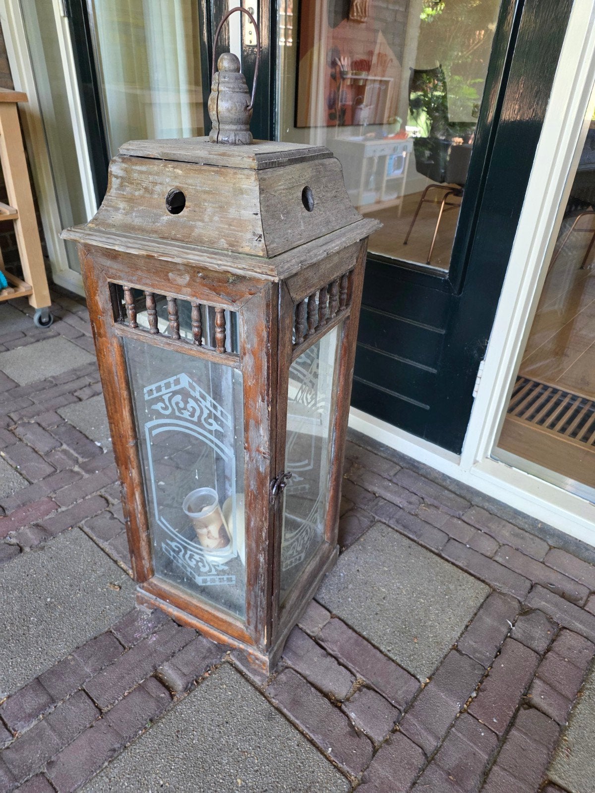Grote houten lantaarn met intact glas, Ophalen of Verzenden