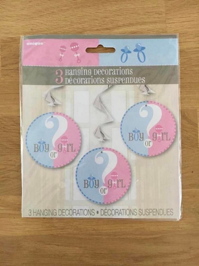 Hangdeco / swirls Boy or Girl - 3 stuks | gender reveal, Ophalen of Verzenden, Nieuw, Versiering, Geboorte of Huwelijk