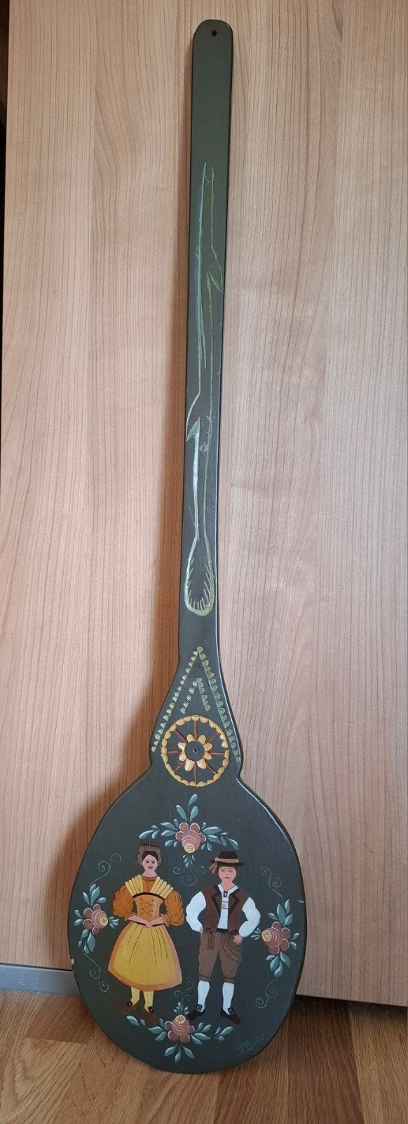 Vintage volkskunst houten wanddecoratie 100 cm. Groen., Groen, Hout, Vintage, Decoratieobject