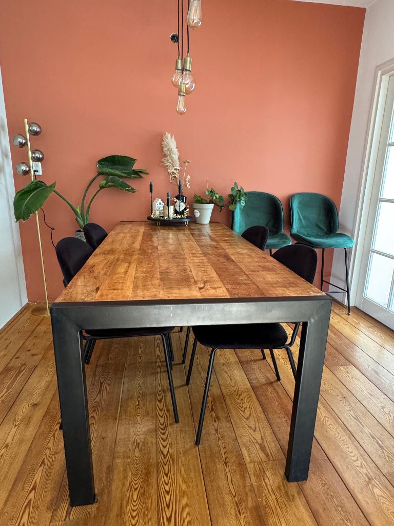 Loods 5 eettafel 200 cm – massief mangohout – industrieel, 200 cm of meer, 50 tot 100 cm, Zo goed als nieuw, Vijf personen of meer