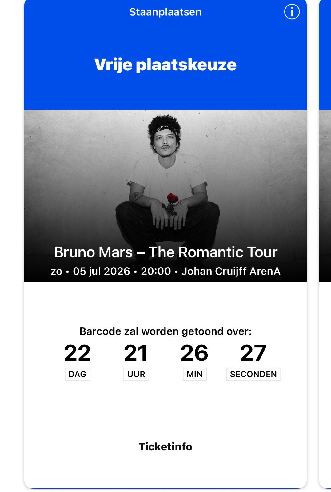 Bruno mars kaartje 5 jul staanplaats, Eén persoon
