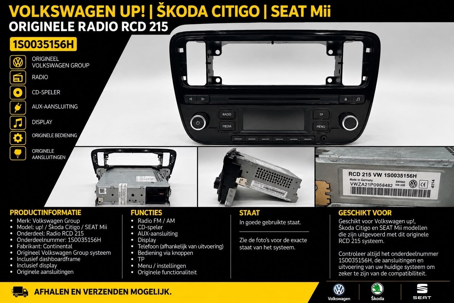 VW Up! / Citigo / Mii Originele Radio RCD 215 (1S0035156H), Ophalen of Verzenden, Gebruikt