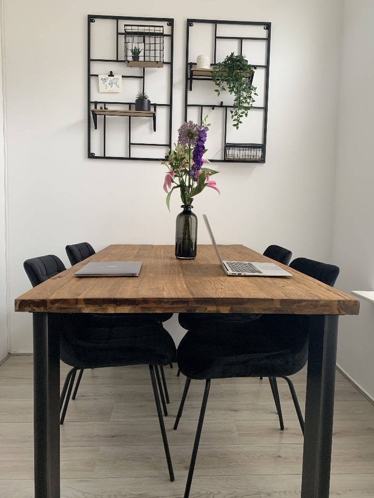 Houten eettafel met stalen onderstel, Huis en Inrichting, Ophalen, Gebruikt, 100 tot 150 cm, 50 tot 100 cm