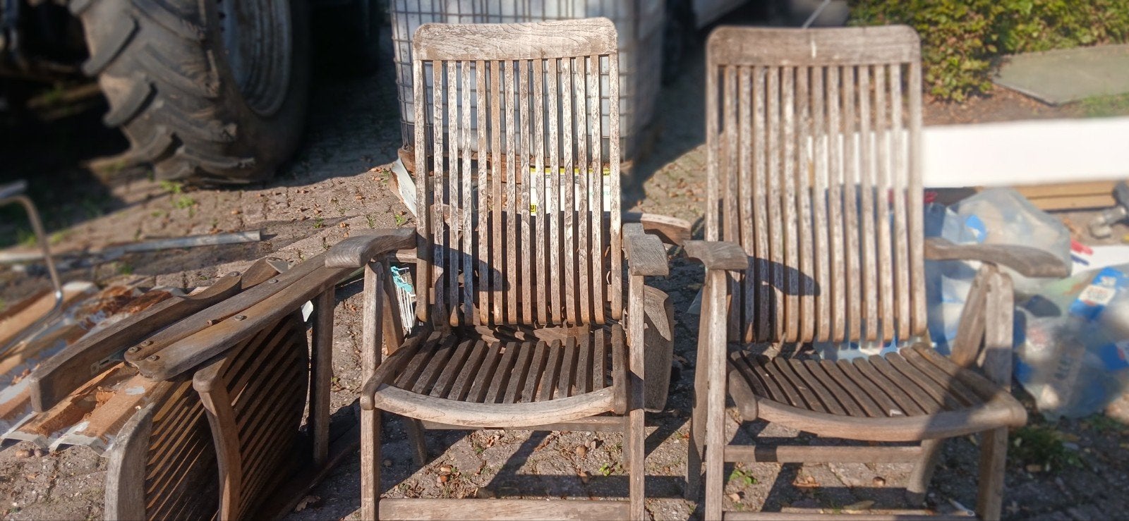 4 verstelbare teakhouten tuinstoelen, Ophalen, Gebruikt, Bruin, Vier