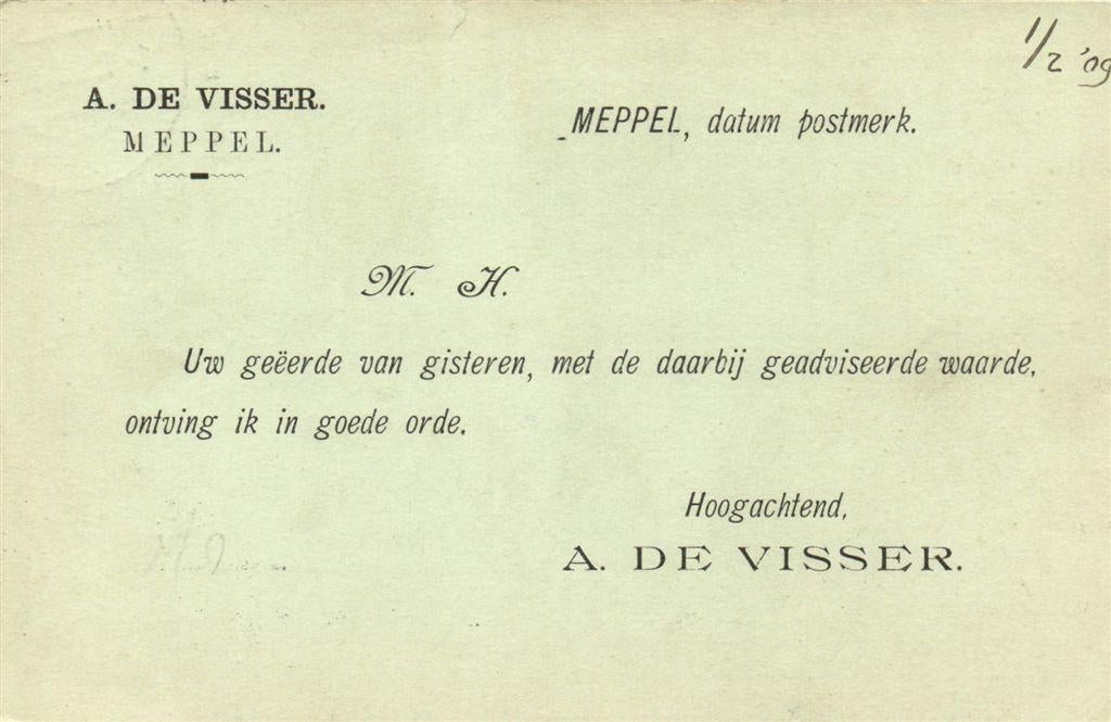 A. de Visser, Meppel - 02.1909 - briefkaart, Ophalen of Verzenden, Briefkaart