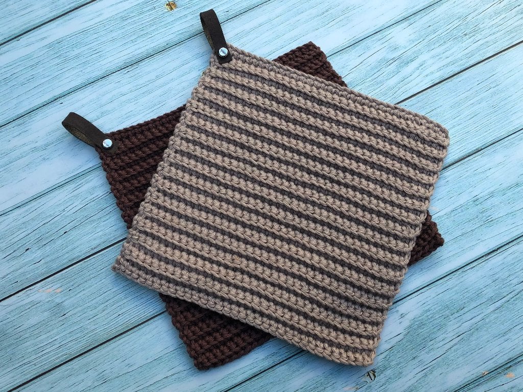 Handgemaakte gehaakte katoenen pannenlappen bruin 20x20 cm, Huis en Inrichting, Pannenlap of onderzetter, Katoen, Bruin, Overige merken