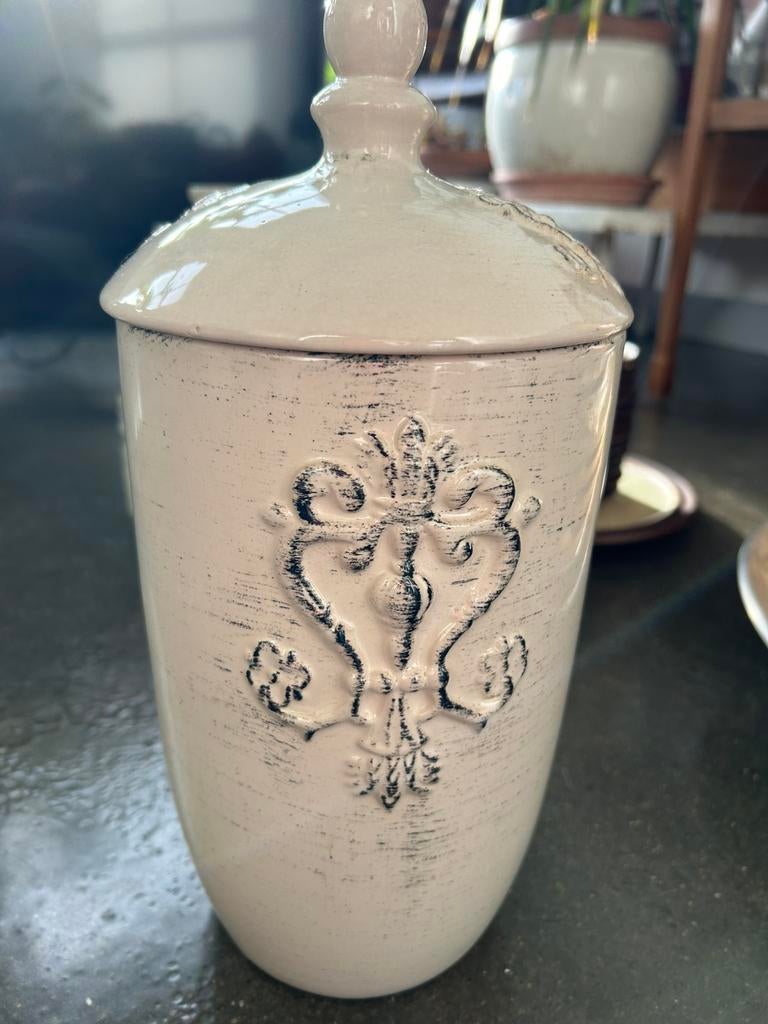 Grote retro keramiek pot met deksel voorraad pot, Ophalen, Overige kleuren, Aardewerk of Porselein, Zo goed als nieuw