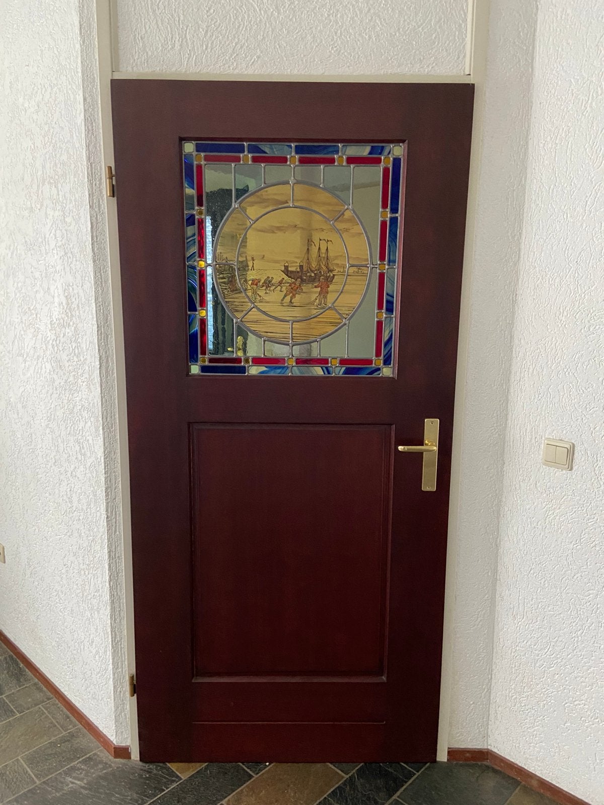 Mooie opdek binnendeur met raam van glas in lood, Doe-het-zelf en Verbouw, Ophalen, Gebruikt, 80 tot 100 cm, Binnendeur