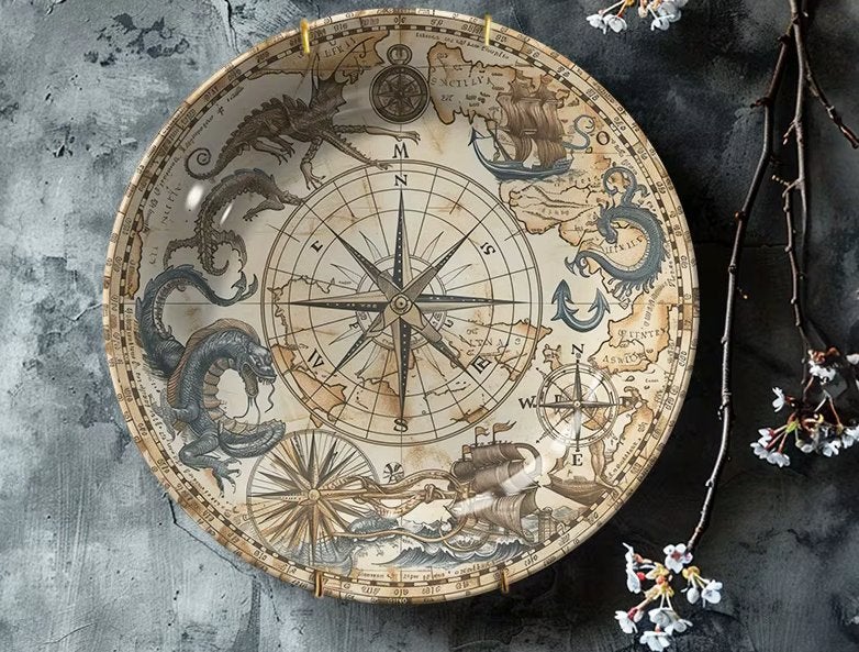 Decoratief Bord Met Kompas, Verzenden, Nieuw, Steen/keramiek, Wandbord of Wandpaneel