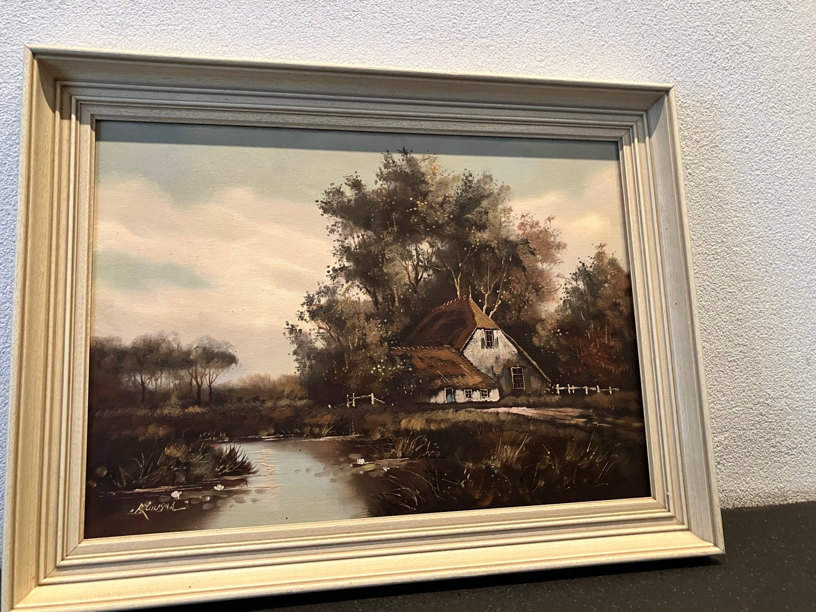 Schilderij Landschap met boerderij - gesigneerd, Ophalen, Doek, Gesigneerd, Landschap