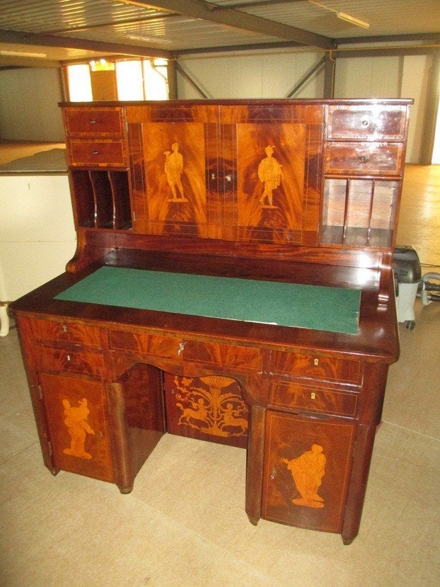 Oer 08389 ANTIEK mahonie schrijfbureau met opzet + inlegwerk, Ophalen
