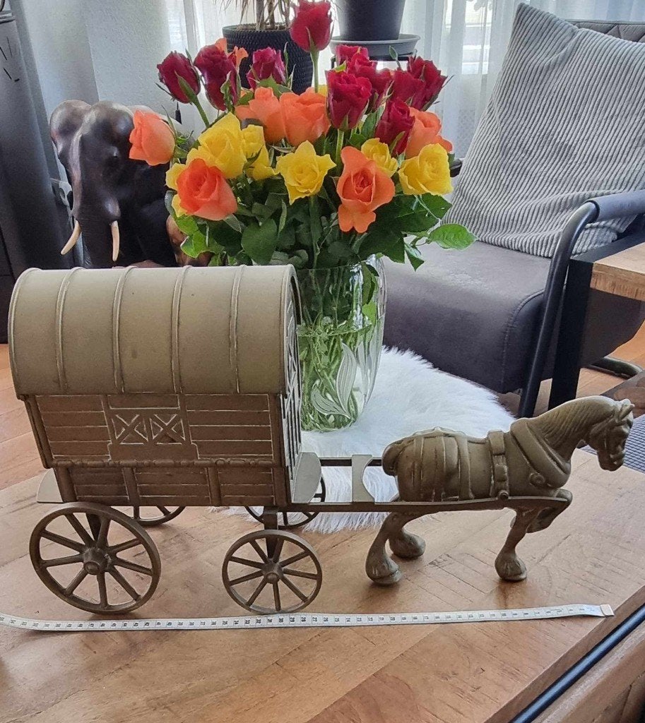 Bronzen - of- messing paard en wagen - vintage brons, Ophalen of Verzenden, Brons
