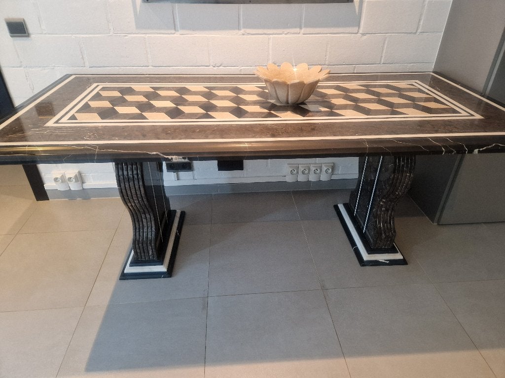 Marmeren eettafel met uniek 3D-patroon, Huis en Inrichting, Overige materialen, Zo goed als nieuw, Modern, Art Deco, Luxe, Rechthoekig